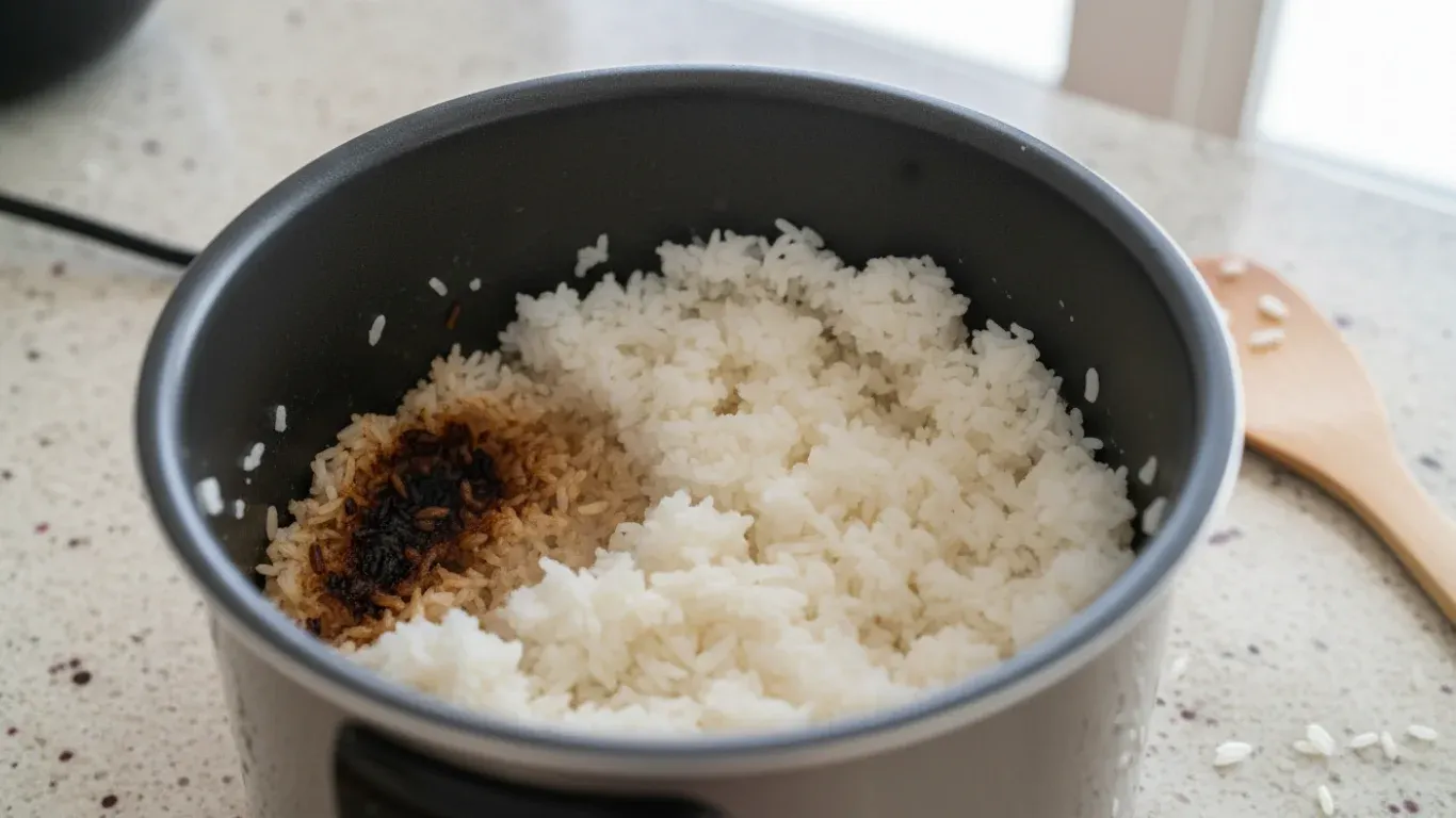 Overhead food photography of crispy golden scorched rice in a black cast iron skillet, white rice with crunchy browned crust being lifted with a metal spoon, minimal light stone countertop background, small bowls of rice and cooked meat on the side, natural soft lighting, high detail, realistic texture, 16:9 aspect ratio, professional food styling