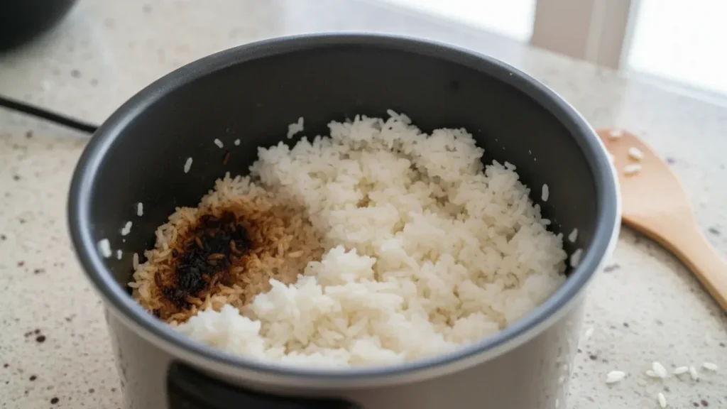 Overhead food photography of crispy golden scorched rice in a black cast iron skillet, white rice with crunchy browned crust being lifted with a metal spoon, minimal light stone countertop background, small bowls of rice and cooked meat on the side, natural soft lighting, high detail, realistic texture, 16:9 aspect ratio, professional food styling
