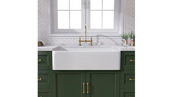 This image shows a classic white fireclay farmhouse sink, a popular choice for kitchens.