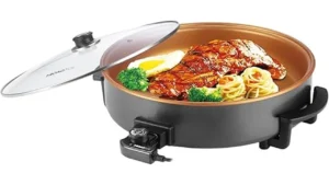 The image shows a collection of seven electric skillets, perfect for achieving even cooking results.