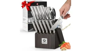 The image shows a collection of premium Japanese knife sets, showcasing their elegant designs and sharp blades.