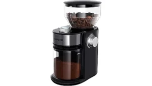 The image shows a sleek, electric coffee grinder, one of the best selling burr models under $100.