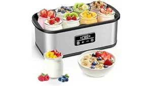 The image shows a collection of sleek, modern yogurt makers with digital temperature controls.