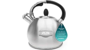 The image shows a stylish tea kettle, highlighting a popular choice for electric stoves.