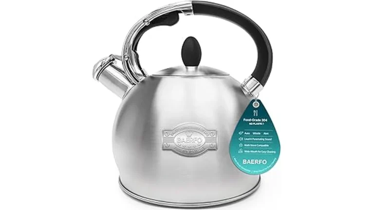 The image shows a stylish tea kettle, highlighting a popular choice for electric stoves.