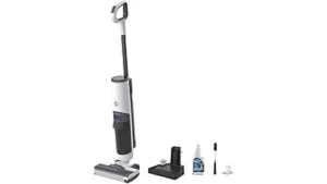 This image shows a modern vacuum and mop combo cleaner on a clean floor.
