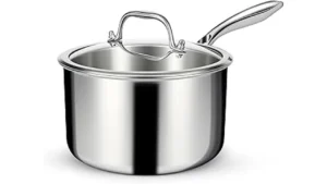 The image shows a selection of nine different saucepans perfect for cooking on a gas stove.