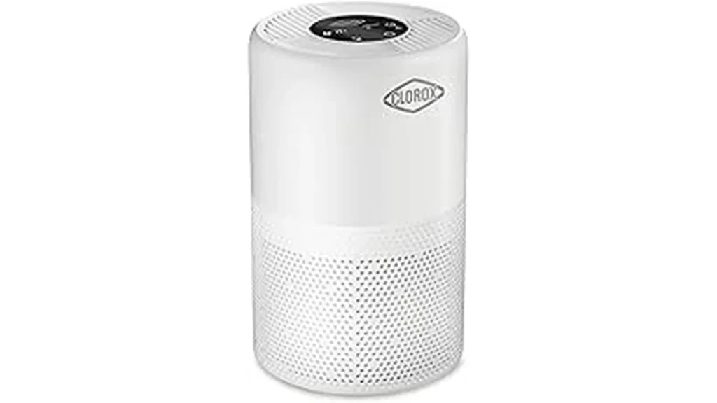 The image shows a clean, modern living space with several sleek air purifiers displayed.
