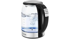 The image shows a collection of sleek, modern electric kettles with keep-warm features.