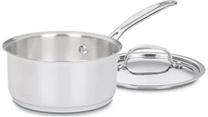 The image shows a collection of shiny saucepans suitable for induction cooktops.