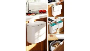 This image shows a clean kitchen sink area with a selection of highly-rated trash cans placed underneath for easy access.