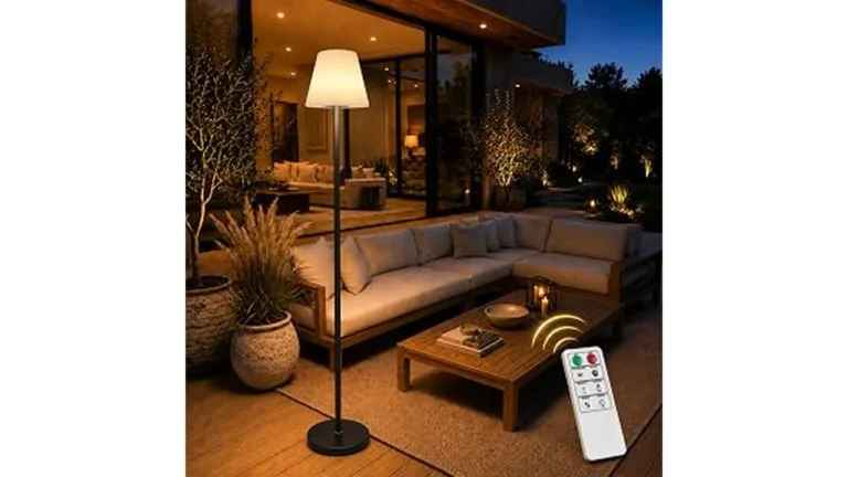 The image shows a stylish cordless floor lamp providing ambient light, perfect for a living room setting.