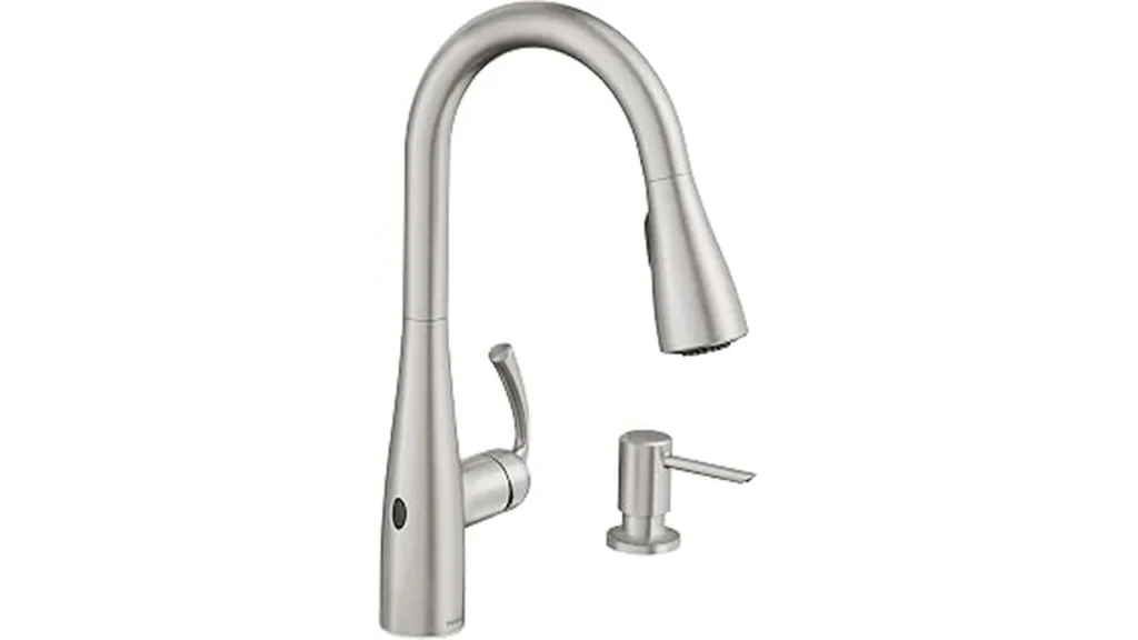 The image shows a sleek, modern kitchen faucet activated by touch, highlighting a top touchless option.