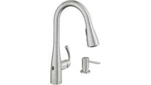 The image shows a sleek, modern kitchen faucet activated by touch, highlighting a top touchless option.