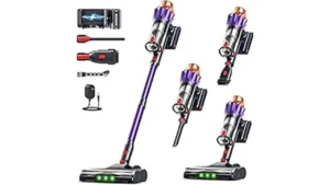 The image shows a sleek, cordless vacuum cleaner effortlessly cleaning a shiny hardwood floor.