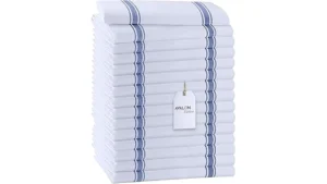 The image shows a collection of colorful kitchen towels neatly folded, ready for use.