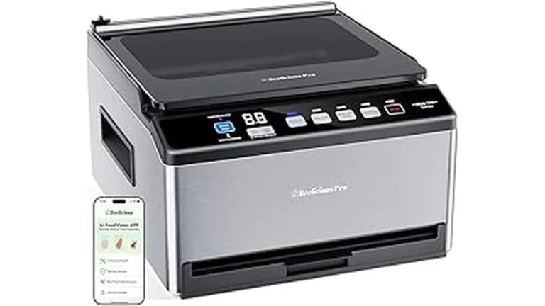 The image shows a countertop chamber vacuum sealer with a clear lid, ready to seal food items.
