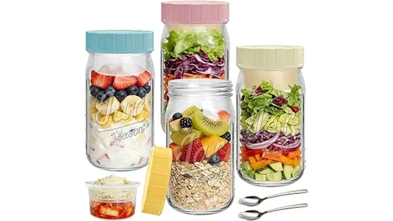This image shows several Mason jars filled with colorful layered salads ready to eat.