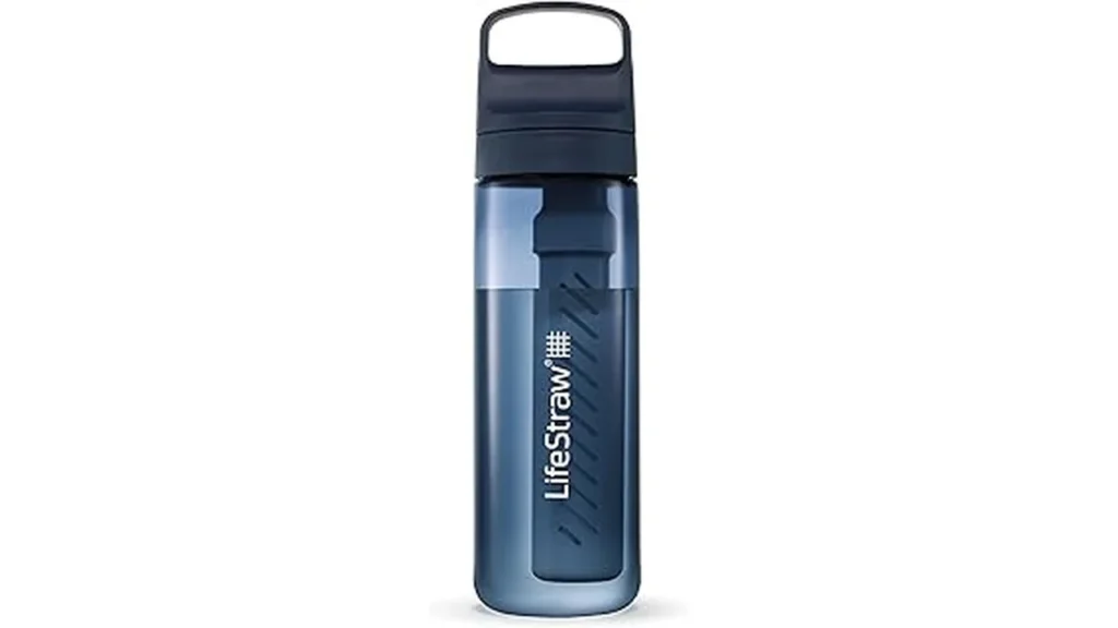 The image shows a top-rated filtered water bottle, perfect for travel and ensuring clean drinking water.