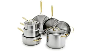 The image shows a collection of shiny cookware, featuring nine pots for glass top electric stoves.