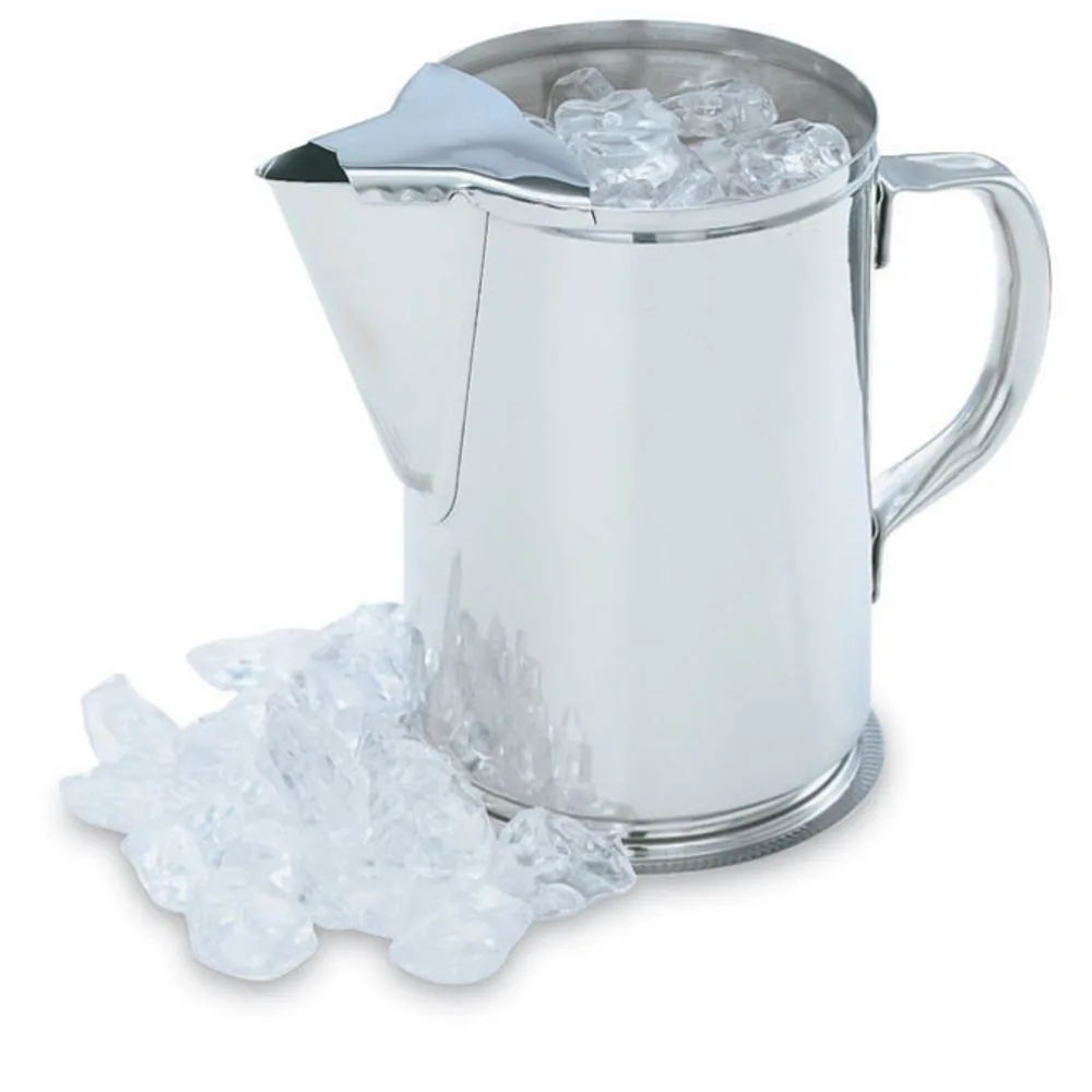 ice cubes and water in metal pitcher