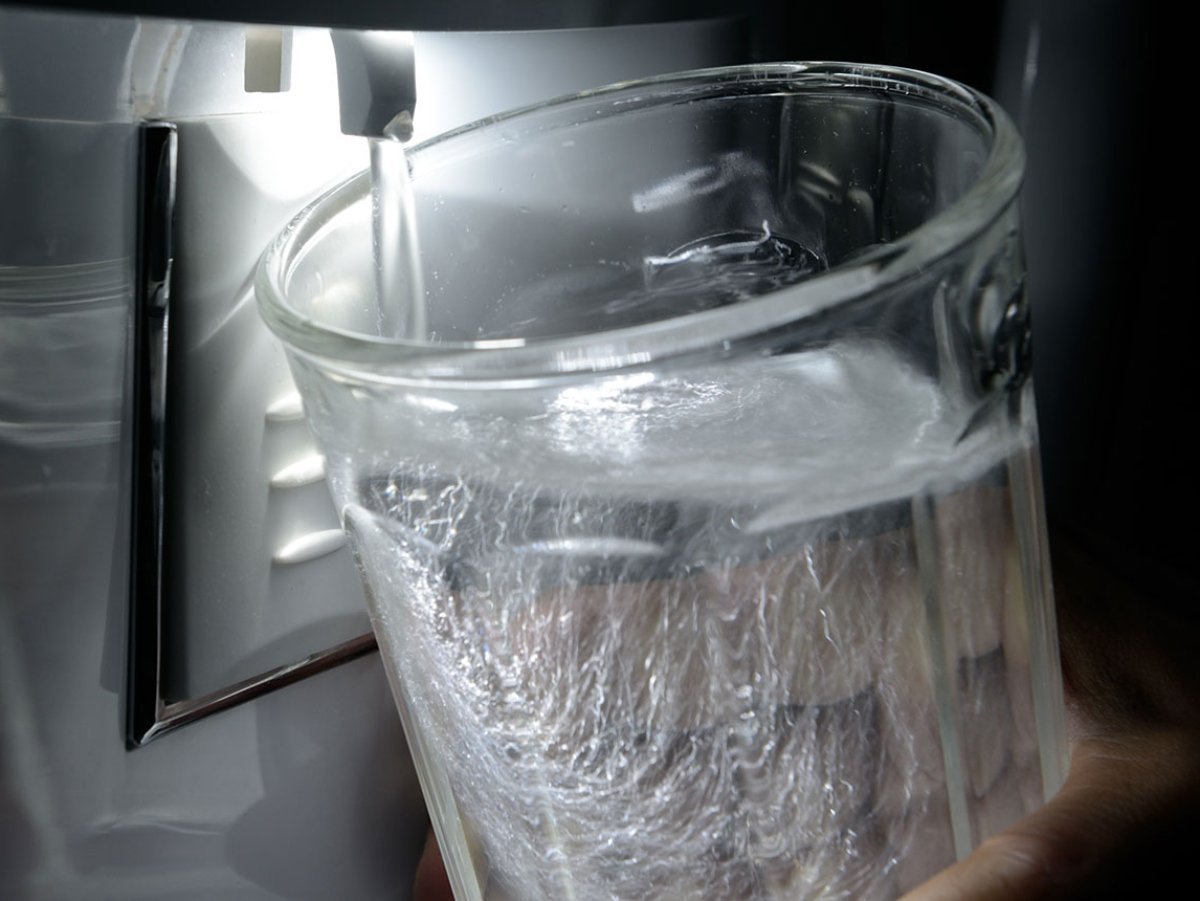 Comparing a used refrigerator water filter to a new replacement cartridge.