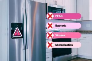 A glass of water near a refrigerator representing water filter safety.